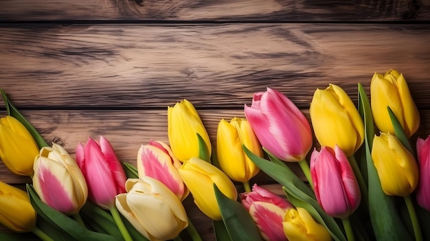 Uno sfondo di legno con tulipani colorati su di esso.