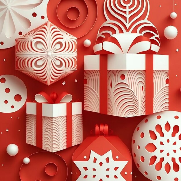 Uno sfondo di Natale rosso e bianco con un regalo di Natale e una palla rossa.