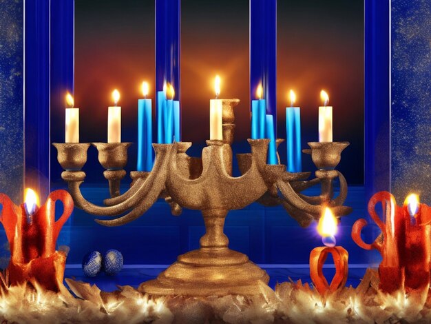 Uno sfondo festoso di Hanukkah adornato con una menora tradizionale