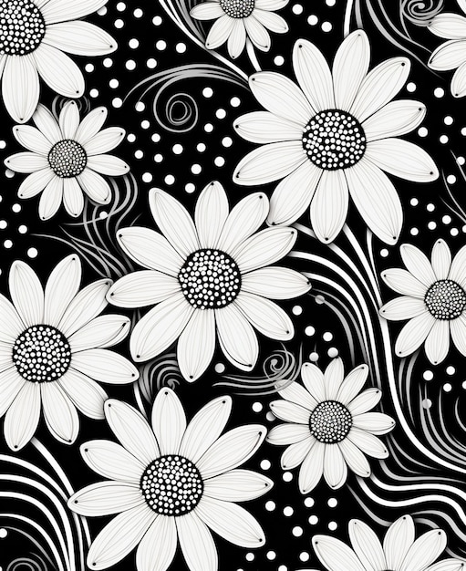uno sfondo floreale bianco e nero con fiori bianchi e turbinii generativa ai