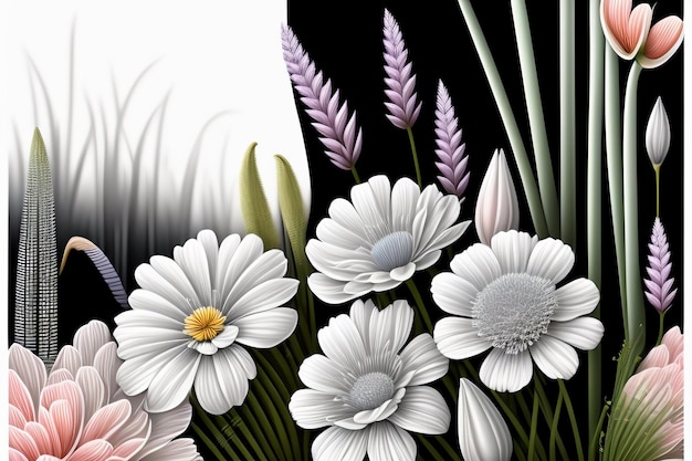 Uno sfondo floreale in bianco e nero con un mazzo di fiori ed erba.