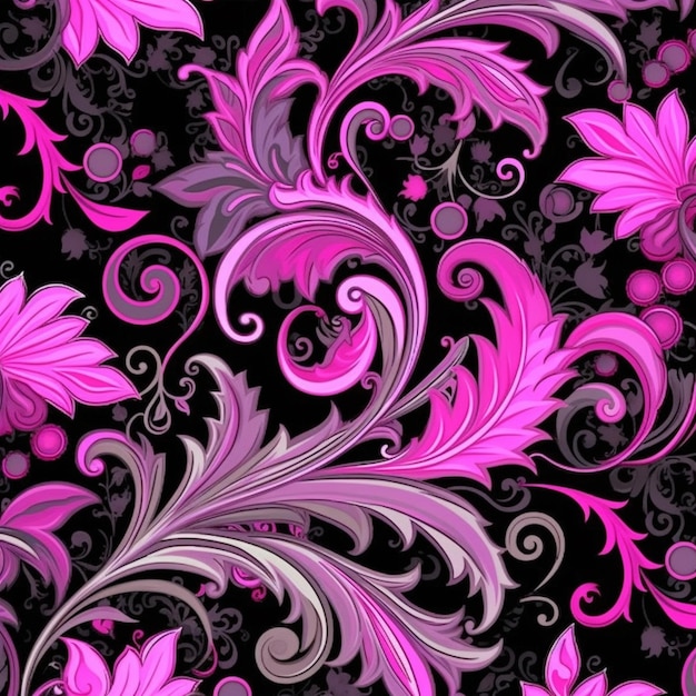 uno sfondo floreale rosa e nero con turbinii e fiori ai generativi
