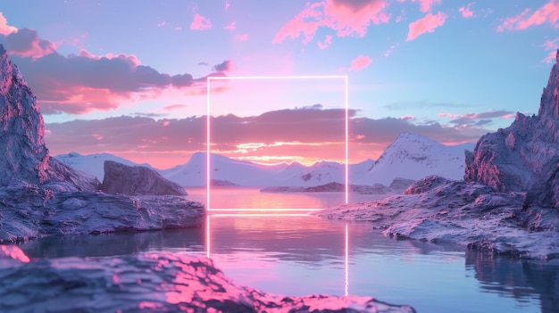 È uno sfondo futuristico astratto con montagne rocciose acqua calma cielo serale blu rosa e un rettangolo di neon luminoso cornice geometrica rendering 3D