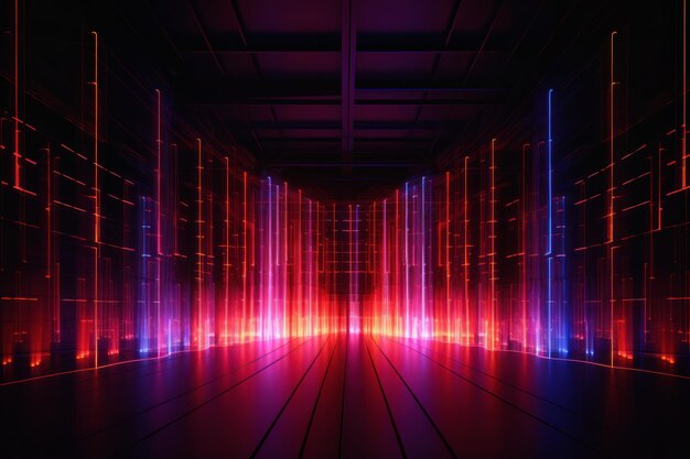 Uno sfondo futuristico di una stanza buia illuminata da motivi luminosi blu circondati da tecnologia digitale per l'analisi e la visualizzazione di big data Ai generativa