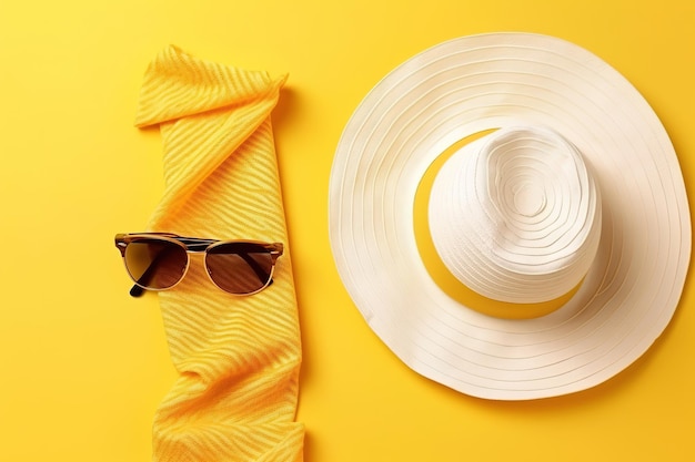 Uno sfondo giallo con cappello bianco e occhiali da sole