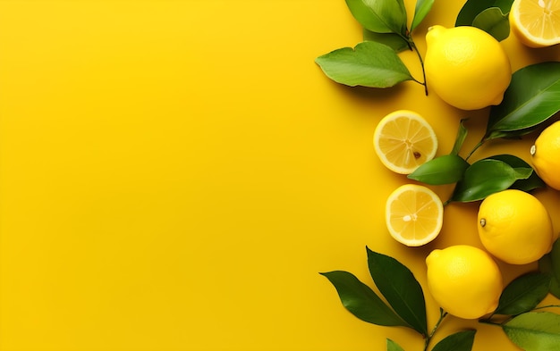 Uno sfondo giallo con limoni e foglie