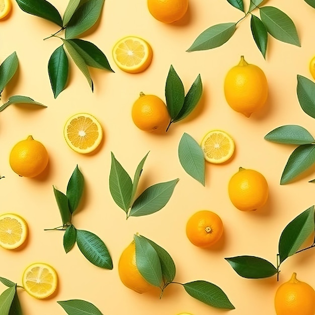 Uno sfondo giallo con sopra arance e limoni