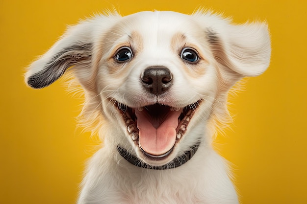 Uno sfondo giallo con un cucciolo di cane felice che sorride su di esso