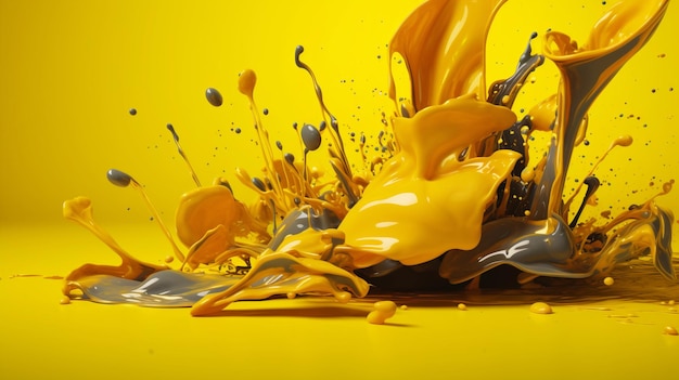 Uno sfondo giallo con una spruzzata di liquido e la parola cioccolato sopra.