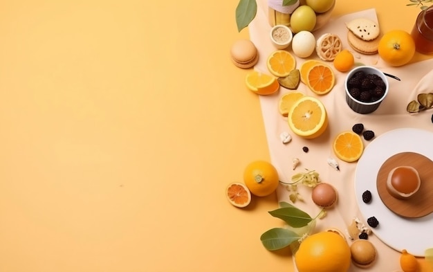 Uno sfondo giallo con uova di arance e altri frutti