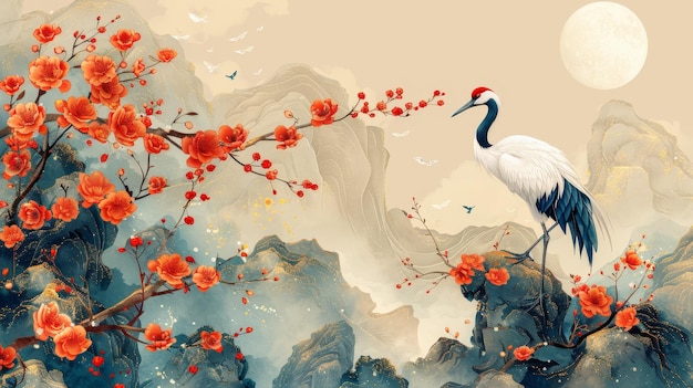 Uno sfondo giapponese con consistenza dorata floreale moderna Fiore di peonia disegnato a mano a ondate a disegno senza cuciture Decorazione di nuvole cinese vintage Elemento di uccelli gru con un design di striscione astratto