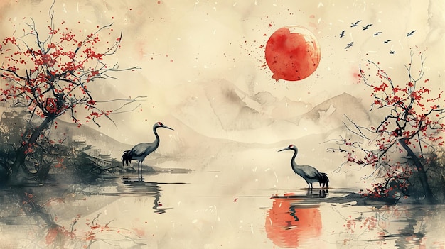 Uno sfondo giapponese con gru o aironi Decorazioni di onde e sole disegnate a mano in stile vintage Pittura ad acquerello con design di striscione astratto