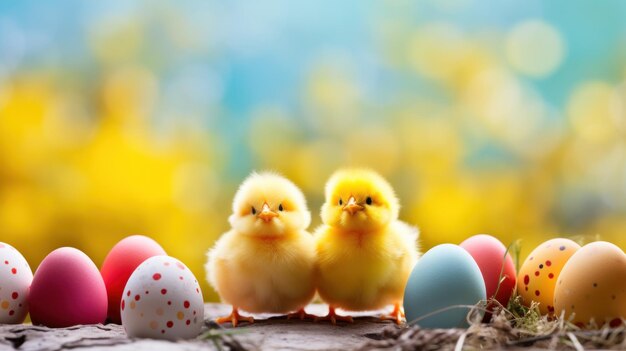 Uno sfondo giocoso con pulcini di Pasqua gialli brillanti e uova colorate