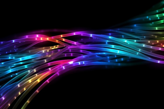 Uno sfondo illustrato di cavi ottici cibernetici colori neon sfondo nero AI Generative