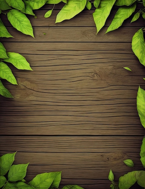 Uno sfondo in legno con foglie e una cornice di legno