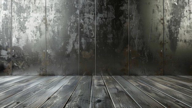 Uno sfondo in stile grungy con pannelli metallici deteriorati e tavole di legno in difficoltà Le texture contrastanti offrono una ricca tela per la narrazione visiva tematica
