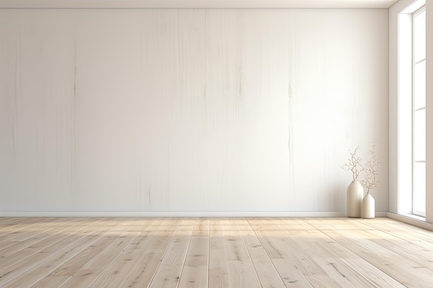 Uno sfondo interno moderno con una stanza bianca vuota e un pavimento in legno rappresentato attraverso il rendering