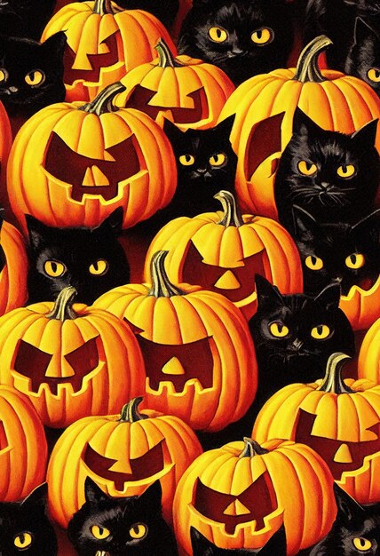 Uno sfondo mistico drammatico per Halloween Zucche di Halloween e gatti neri