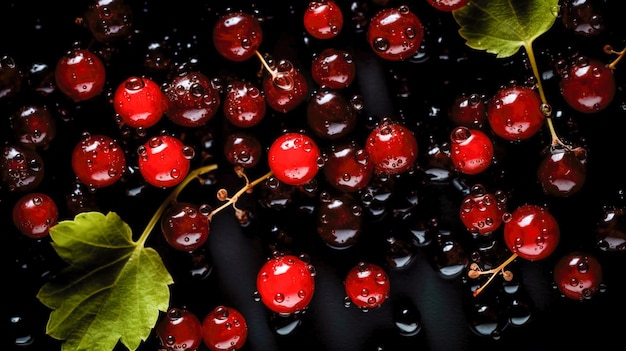 Uno sfondo nero con bacche rosse e foglie verdi.