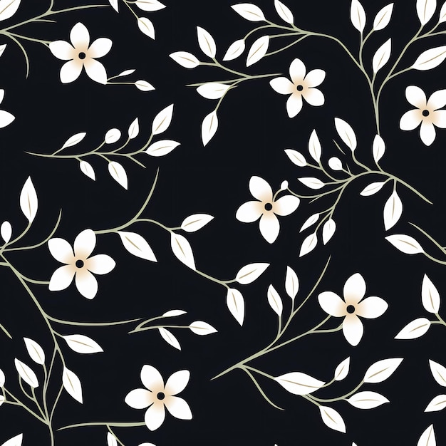 uno sfondo nero con fiori e foglie bianchi e uno sfondo nero