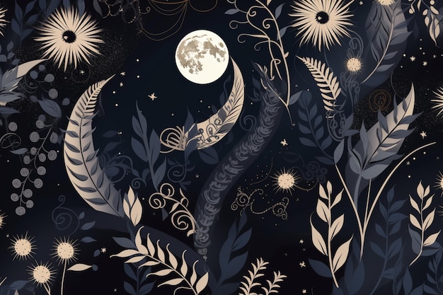 Uno sfondo nero con fiori e la luna e le stelle.