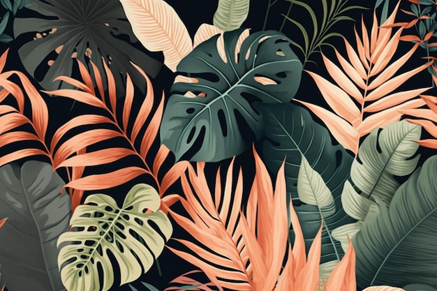 Uno sfondo nero con foglie tropicali e una faccia al centro.