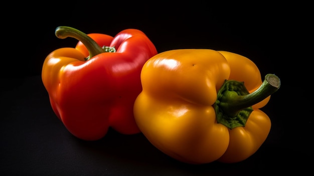 Uno sfondo nero con peperoni gialli e un peperone giallo.