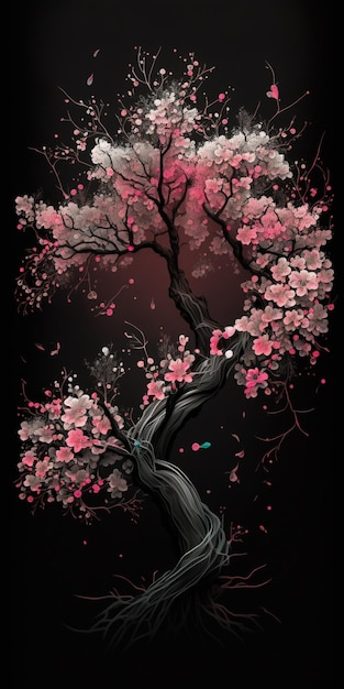Uno sfondo nero con un albero con fiori rosa.