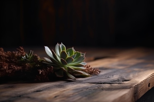 Uno sfondo nero con un mazzo di piante grasse su un tavolo di legno.