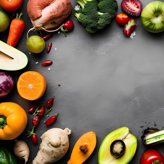 Uno sfondo nero con una varietà di frutta e verdura.