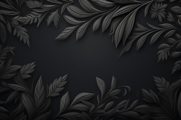 uno sfondo nero con uno sfondo nero con foglie e fiori.
