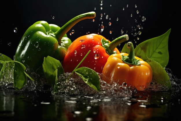 Uno sfondo nero con verdure e goccioline d'acqua.