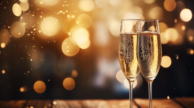 Uno sfondo nero decorato con glitter dorati mostra due bicchieri di champagne. AI generativa