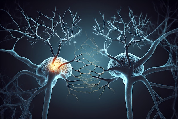 Uno sfondo nero mostra due neuroni con la parola cervello a sinistra.