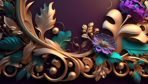 Uno sfondo oro e viola con un disegno floreale.