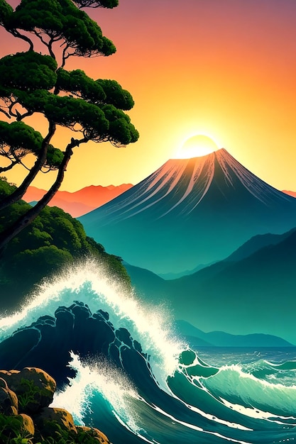 Uno sfondo per iPhone con un'immagine in stile stampa giapponese a colori generata da un sole