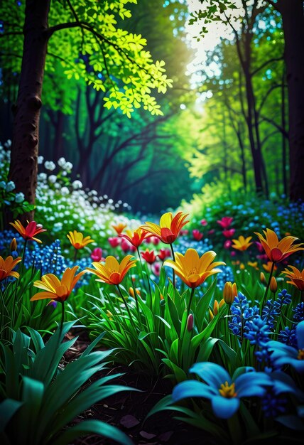 Uno sfondo primaverile vibrante raffigurato in stile astratto con fiori in fiore e verdura lussureggiante
