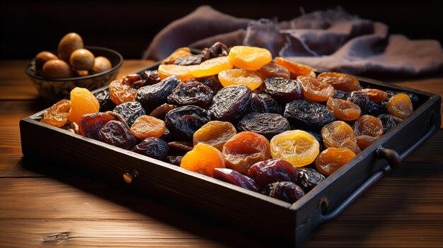 Uno sfondo pulito con un mucchio di frutta secca mele prune albicocche pere e mirtilli su un piatto bianco AI generativa