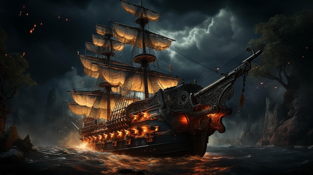 Uno sfondo realistico per lo schermo della tempesta del galeone spagnolo del XV secolo con tema scuro