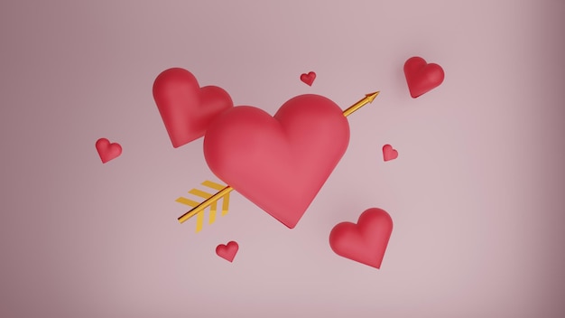 Uno sfondo rosa con cuori e una freccia di cupido con sopra la parola amore.
