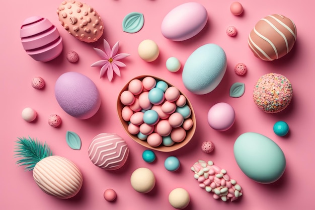 Uno sfondo rosa con diverse uova colorate e una ciotola di caramelle.