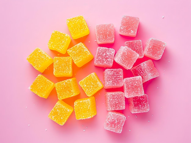 Uno sfondo rosa con diversi pezzi di caramelle