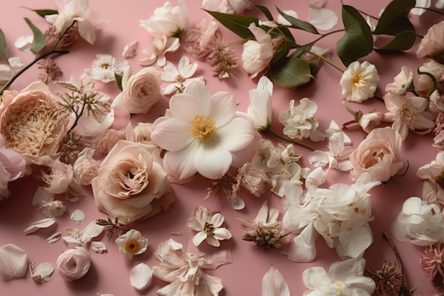 Uno sfondo rosa con fiori e foglie su di esso