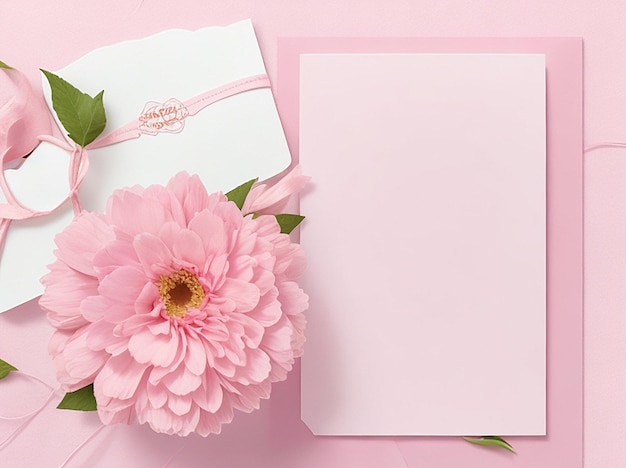 Uno sfondo rosa con fiori e una carta bianca