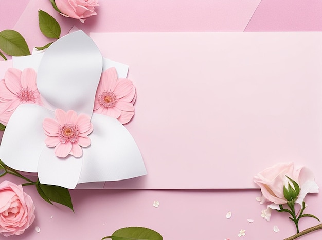 Uno sfondo rosa con fiori e una carta bianca