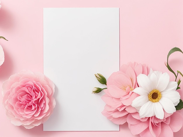 Uno sfondo rosa con fiori e una carta bianca