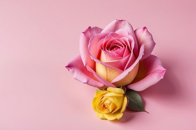 Uno sfondo rosa con petali gialli e un bocciolo di rosa rosa