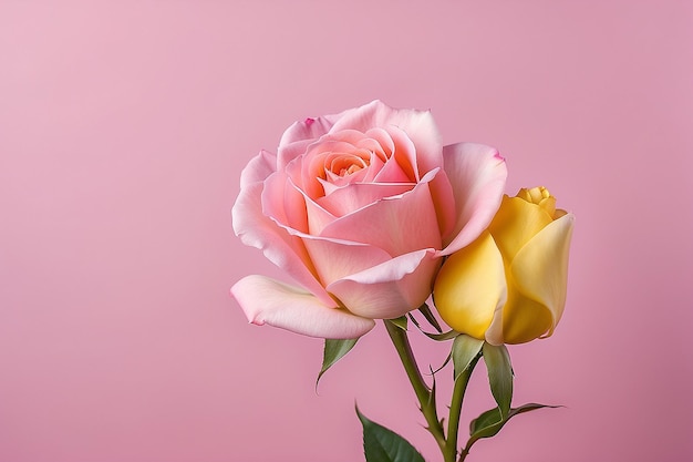 Uno sfondo rosa con petali gialli e un bocciolo di rosa rosa