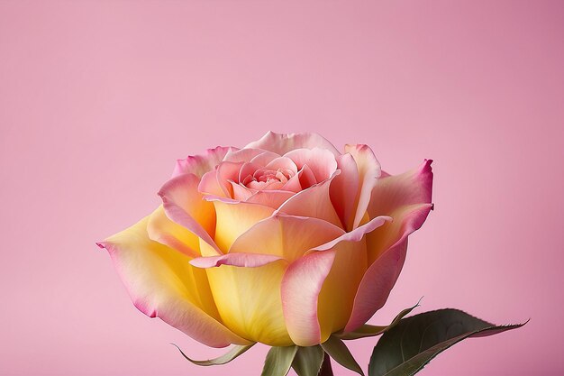 Uno sfondo rosa con petali gialli e un bocciolo di rosa rosa