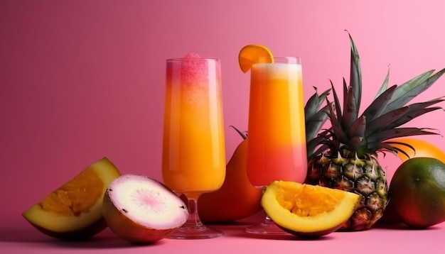 Uno sfondo rosa con succo d'ananas e succo d'arancia